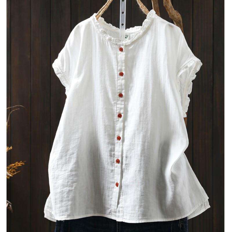 Johnature Camisetas sin Mangas Vintage de Algodón para Mujer Cuello Redondo Color Sólido Verano Botones Sin Mangas Holgadas Suaves Casual Camisetas sin Mangas