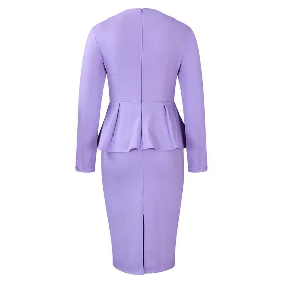 Long Sleeve Elegent Lady Formal Bodycon Dress Decor O-Neck Knee-Length Women Ruffles Patchwork Workwear