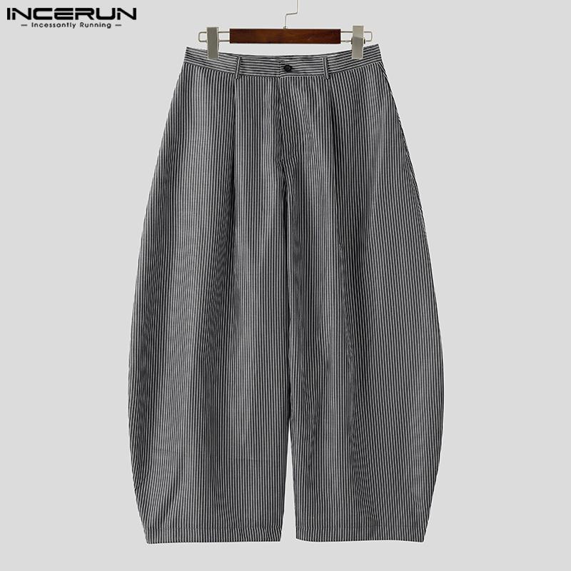 INCERUN Men Zip-up Waist Striped Loose Casual Baggy Pants Long Trousers