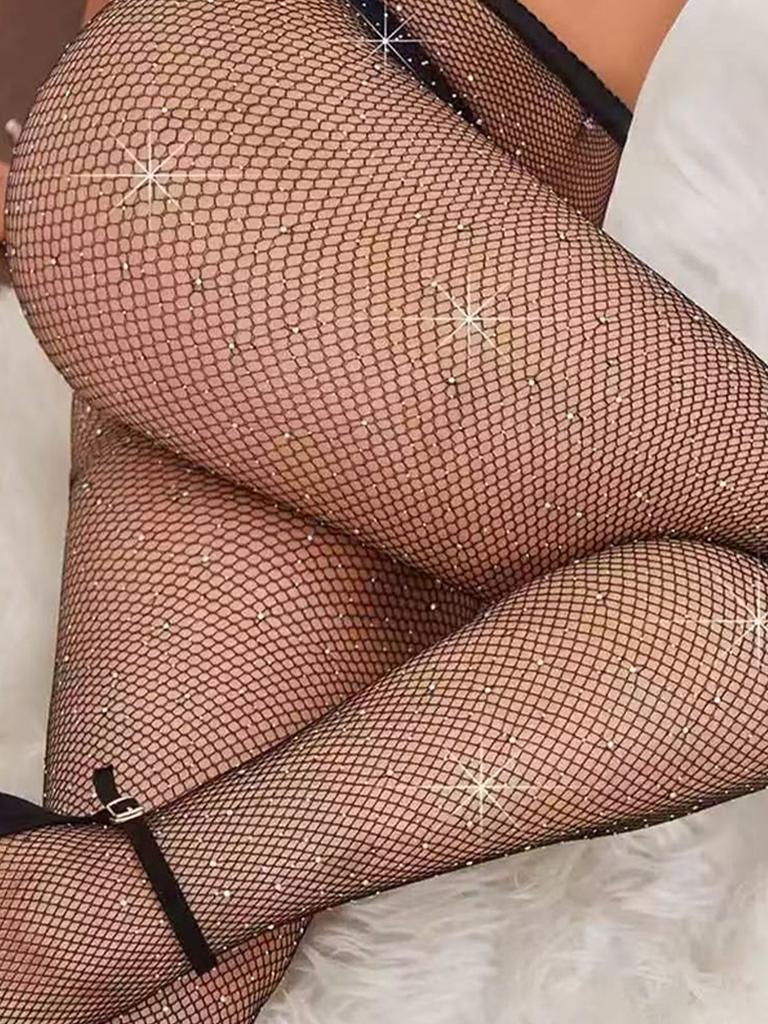 1 Piece Women's Black Shiny Fine Mesh Pantyhose Sequin Rhinestone Design Ultra-Thin Slim-Fit Fashion Sexy Style Fishnet Stocking
