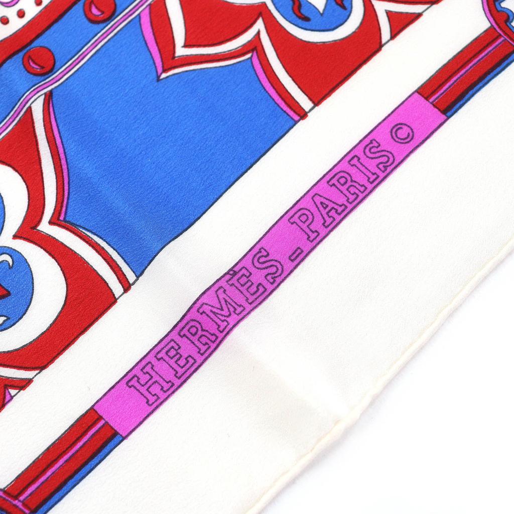 Great HERMES Scarf Paisley Motif All-over Print Stole Shawl Ivory Red Blue Silk Used