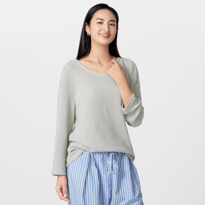 

Унисекс Женские Мужские С круглым вырезом Длинный рукав Вафельная текстура Парные топы Футболки 4XL светло-серый