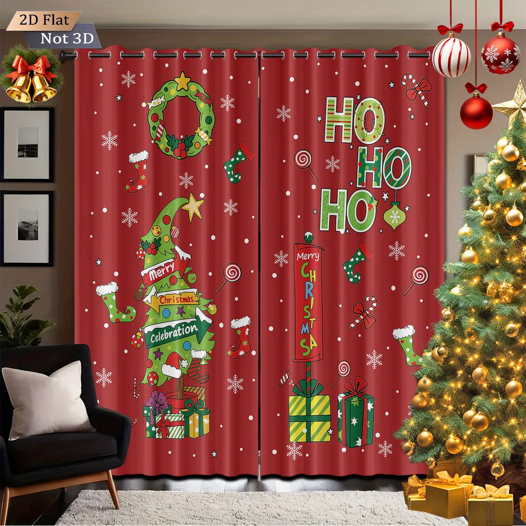 2Pcs Cartoon Christmas Tree Ho Print Blackout Curtains Multiple Sizes Living Room Insulation Holiday Decoration Easy To Install