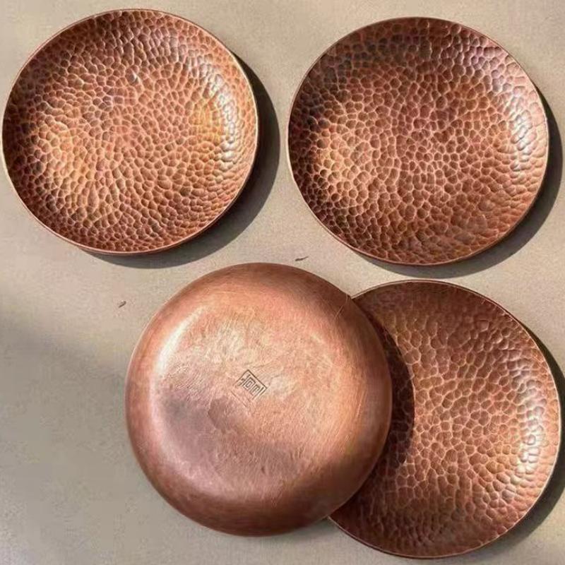Mini Vintage Red Copper Coffee Cup Tray,Engraving Hammer Texture Home Breakfast Cheese Tableware,Snack Disc Table Decoration