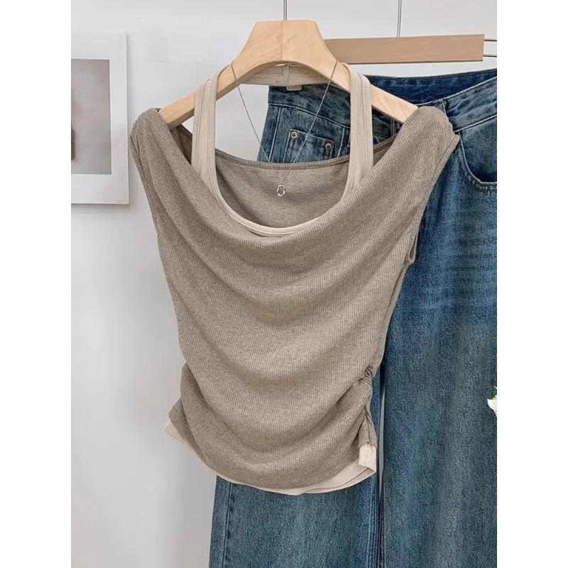 French Sweet Spicy Sexy Halter Neck Swing Collar Camisole Women’s Summer Chic Waist M