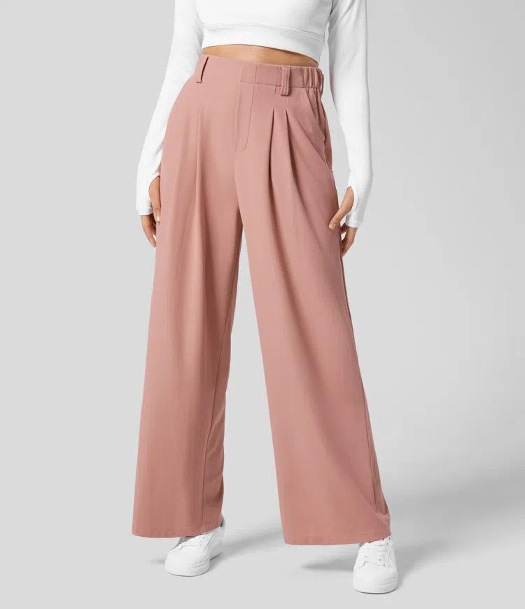 Women's High Waist Pleated Wide Leg Dress Pants Solid Color Office Business Trousers With Side Pockets