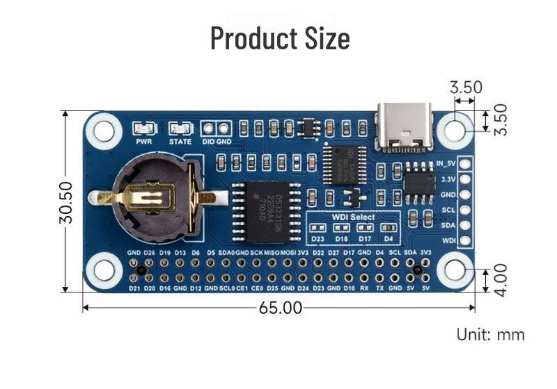 Raspberry Pi RTC Watchdog Expansion Board Type B with DS3231SN High-Precision Clock and Auto Reset.