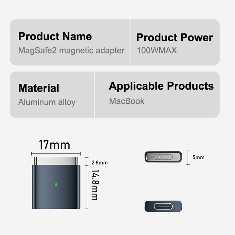 100W Type-C Female To Magsafe 2 Converter Laptop Indicator Light Usb-C Magnetic Adapter Zinc Alloy Connector For Macbook Air/Pro