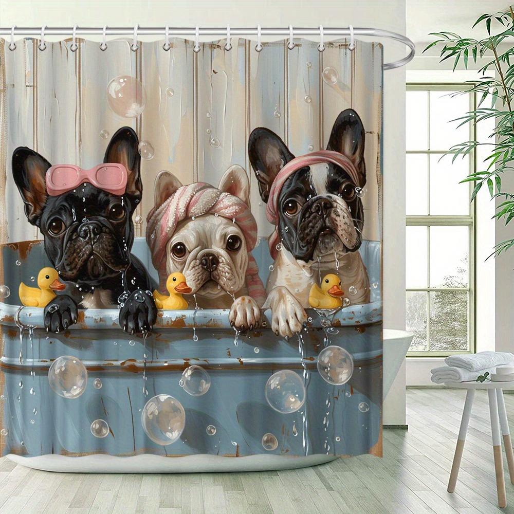 Cute French Bulldog Shower Curtain - Playful Bathing Scene, Fashion Glasses & Towels, Polyester, 12 Hooks, Whimsical Art