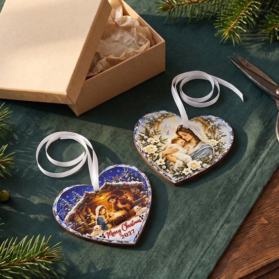 Heart Shaped Nativity Pendants Wooden Hanging Ornament for Christmas Tree Decorations, Retro Religious Vintage Style Holiday Tags Scene Garland