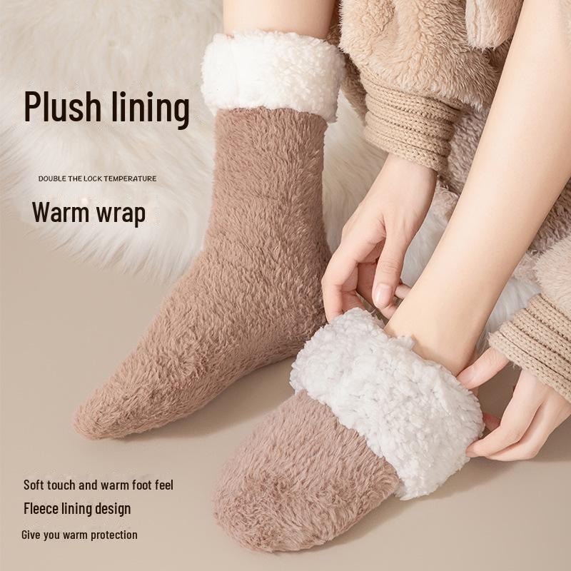 Damen Plüsch Mid-Tube Anti-Rutsch Socken für Herbst & Winter - Warme, Dicke, Haus-, Schlaf- & Wochenbett-Socken