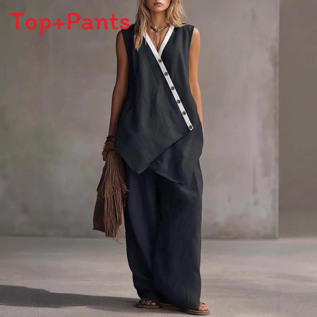 Bohemian Style Sleeveless Cotton Vest And Wideleg Pants Casual Set For Women Spring Summer