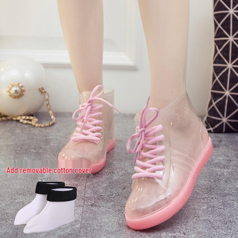 Jelly Transparent Non-Slip Waterproof Rain Boots for Women, Short Tube with Velvet Cotton, Fashionable Rubber Over Shoes for Summer.