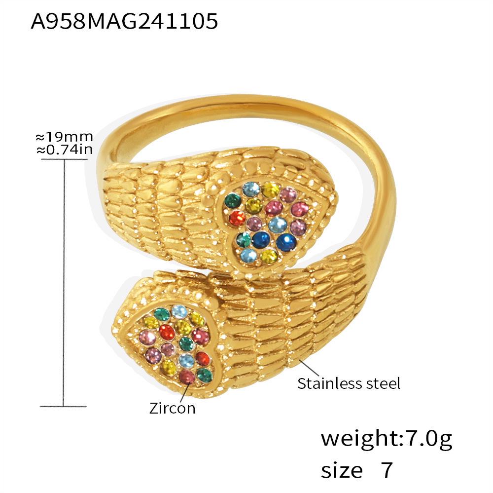 Qiong Yao Stainless Steel Double Heart Snake Pattern Zircon Ring - PVD Electroplated, Adjustable Jewelry Size 7