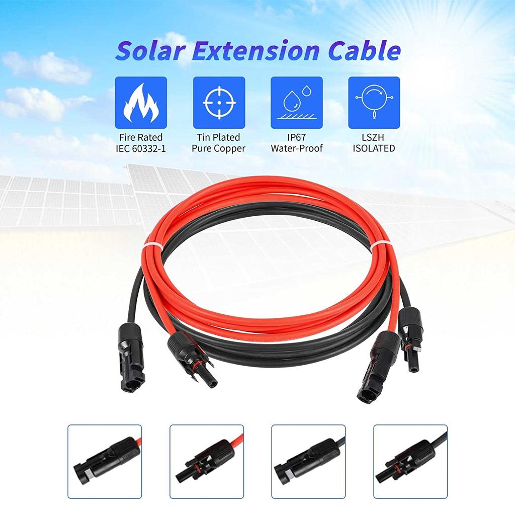 12 AWG-4mm2 Solar Panel Extension Cable Copper Wire Black and Red with Solar Connector Solar PV Cable