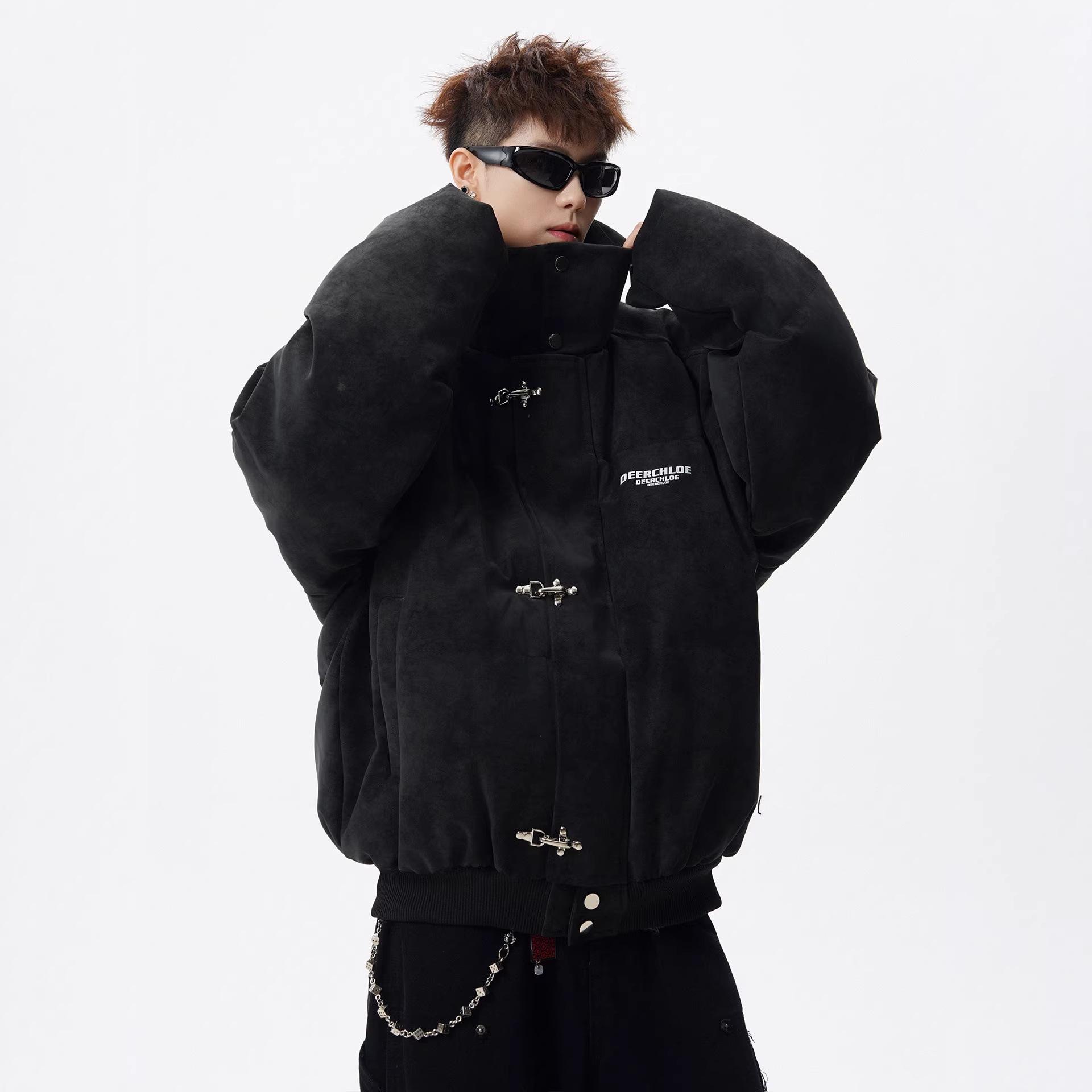 

Unisex Retro Stand Collar Cotton Puffer Jacket, Autumn/Winter High Street Style, Loose and Versatile. M чорний