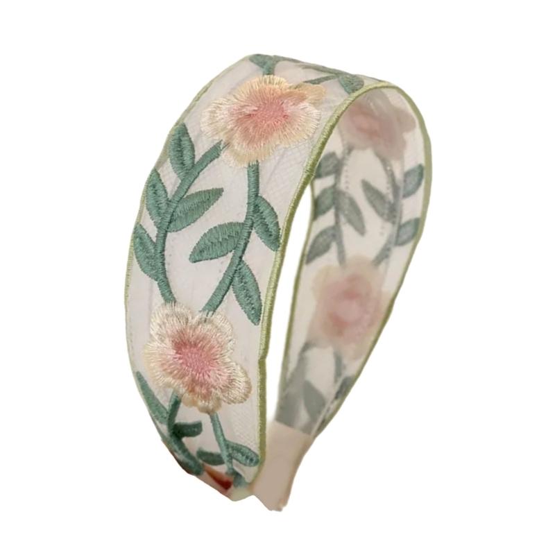 Hand-Made Cotton Linen Hairband Intricate Embroidery Blossom Design Adjustable Wide Band Unisex Hair Accessory
