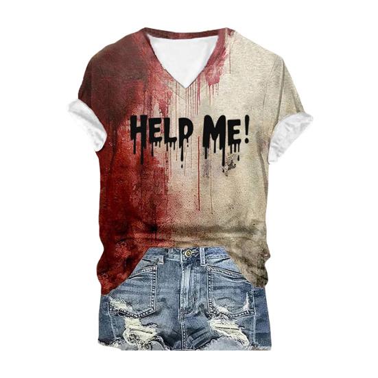 Halloween Blood Shirt Digital Print Blood Stains Text Tee Shirt Women V-neck Tops Casual Wear Funny Horror Clothes