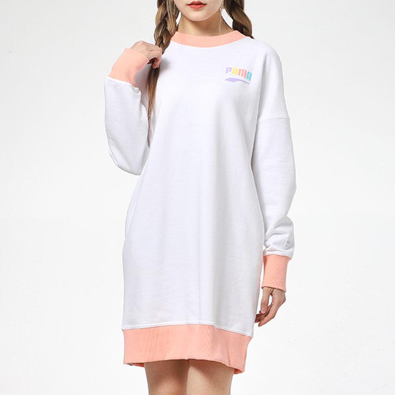 Puma Contrast Ribbed Letter Print Round Neck Long Sleeve Dress Women Dress White 531436-02