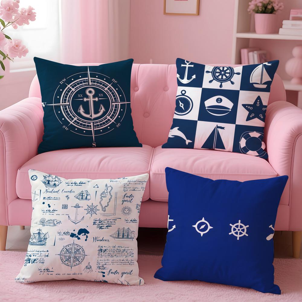 Ocean Blue Compass with Anchor Cushion Cover Pillow Case Soft Skin Friendly Fabric  Concealed Zipper