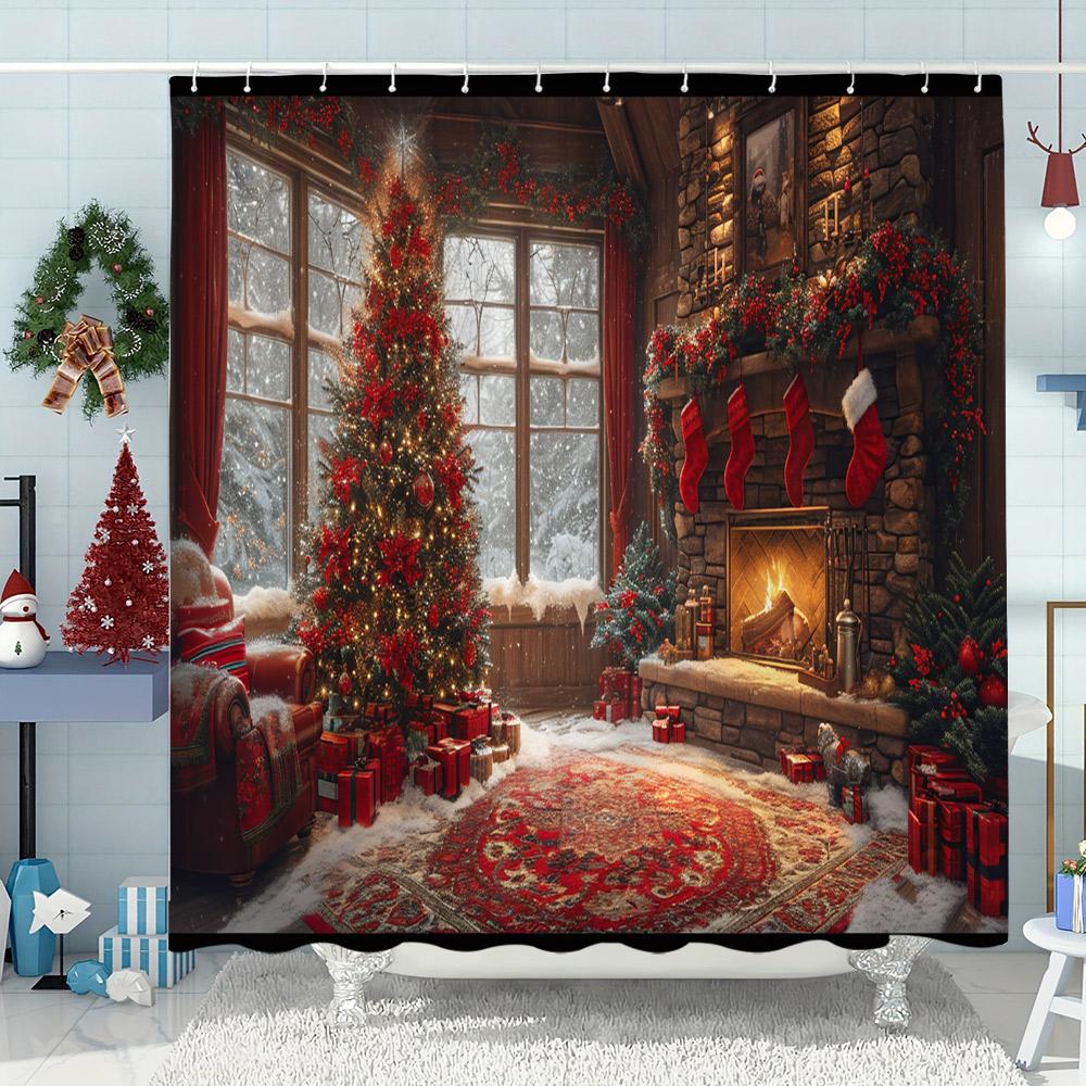 Funny Christmas Bathtub Cat Print Shower Curtain Moose Snowman Christmas Decor Polyester Fabric Shower Curtains Bathroom Decor