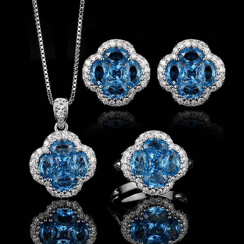2025 Inlaid Diamond Jewelry Set Ring Earrings Blue Sharp Crystal Necklace Fashion Luxury Clover Women's Accessories