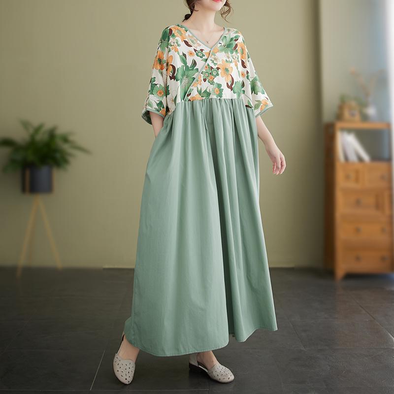 DIMANAF 2024 Plus rozmiar letnia sukienka damska patchworkowy nadruk luźna sukienka Vintage sukienki na co dzień dekolt w serek kobieta