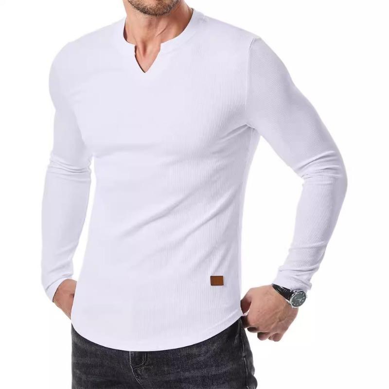 Men Ribbed Knit V Notch Neck Long Sleeve T Shirt Slim Fit Casual Henley Style Solid Color Top S белый