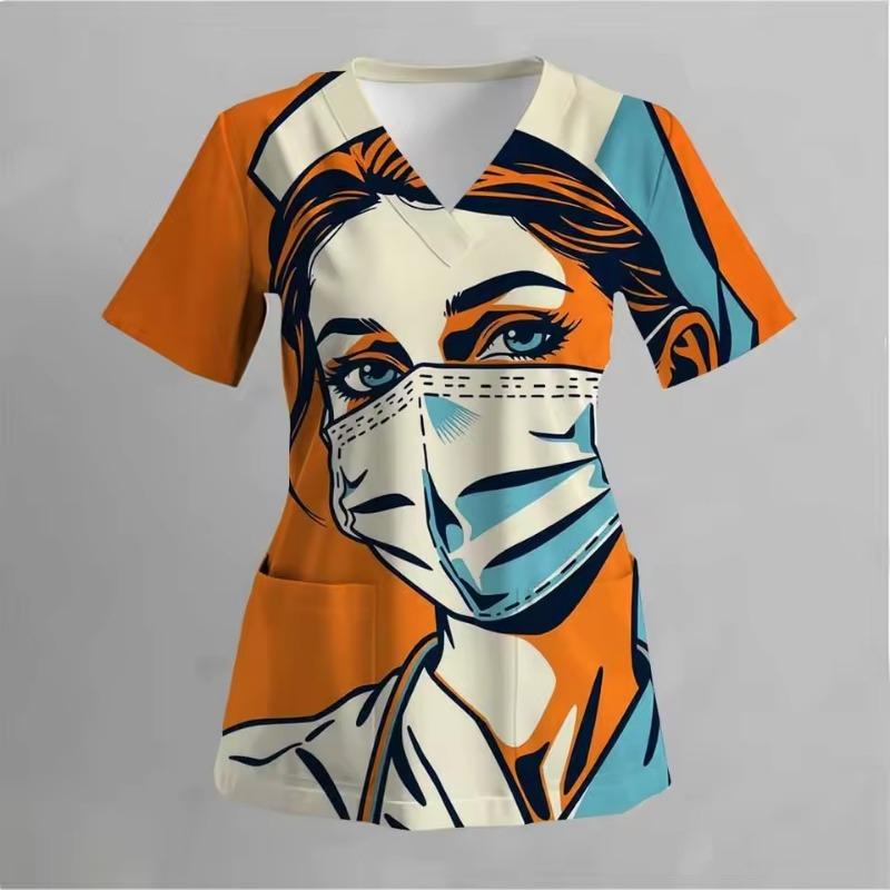 Dámské pracovní uniformy s potiskem roztomilých dinosaurů, trička s výstřihem do V a kapsami, zubní lékař, veterinář, zdravotní sestra, chirurgické uniformy, ošetřovatelství