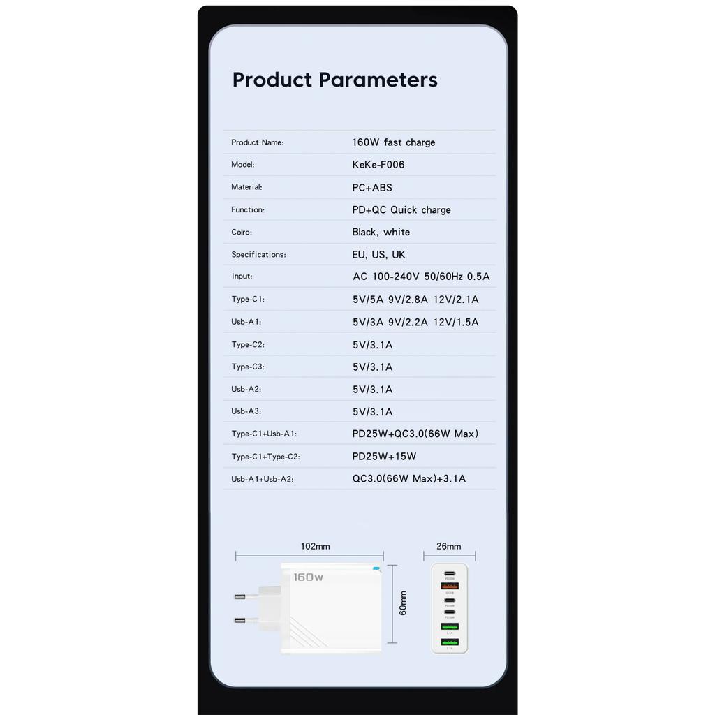 160W USB Charger Multi Ports Type C Fast Charging Phone Charger for IPhone Samsung Xiaomi Huawei Quick Charge Wall Adapter