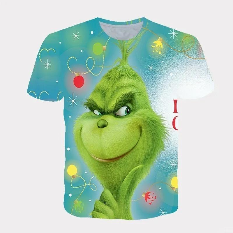 Cross Border New Christmas Cartoon Green Fur Monster 3D Printed Men's T-shirt Short Sleeved T-shirt