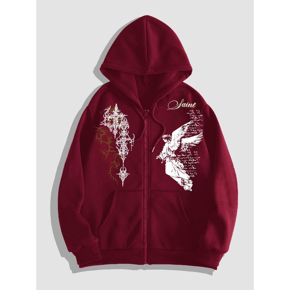 Dark Thorn+Angel Design Original Printed Zipper Hoodie, Fashionable Street Trendy Zipper Hoodie Suitable for Casual Occasions