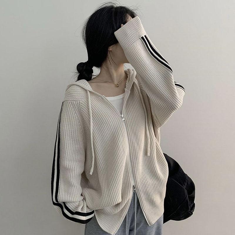 Harajuku Double Zipper Hooded Knitted Cardigans Women Autumn Winter Thicken Warm Sweater Coat Loose Long Sleeve Knitwear Jacket