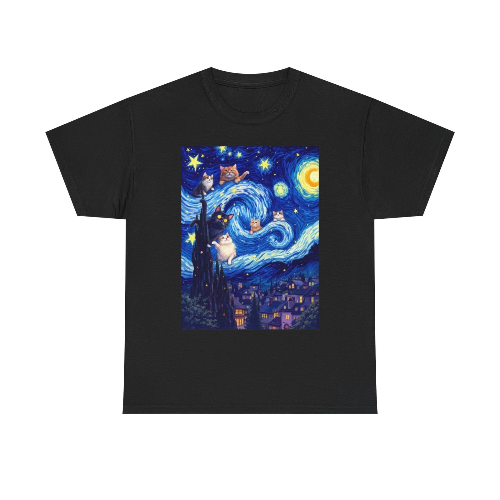 Cats Starry Night T-Shirt | Funny Vincent Van Gogh Parody | Whimsical Kitten Tee S