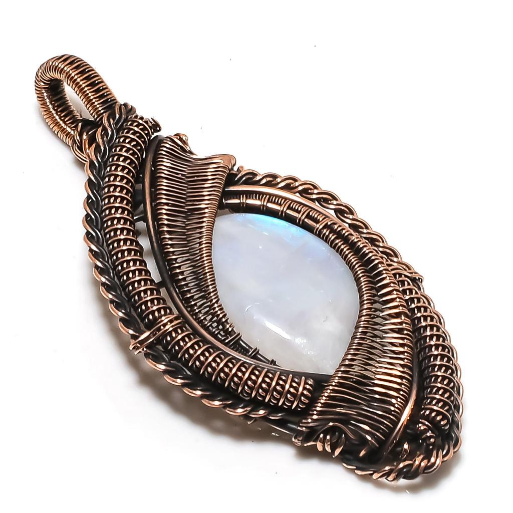 Rainbow Moonstone Pendant, Handmade Gemstone 999 Copper Wire Wrap Pendant Antique Jewelry, For Gift Copper Jewelry