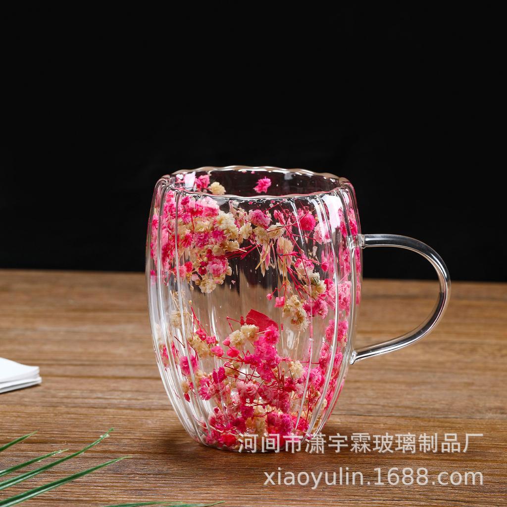 Double Wall Glass Cup with Real Flower, 0ml Clear Tumbler for Tea Coffee and