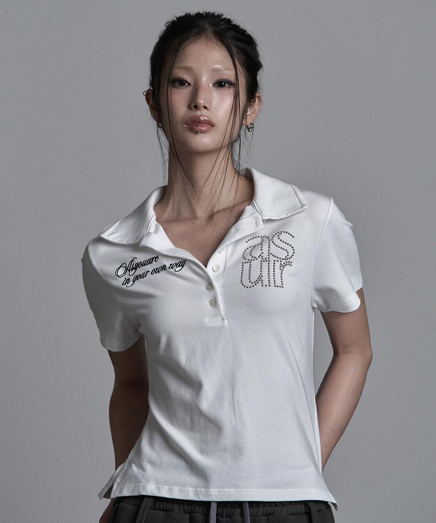Aejeuyua Basic Hotfix Collared T-Shirt White