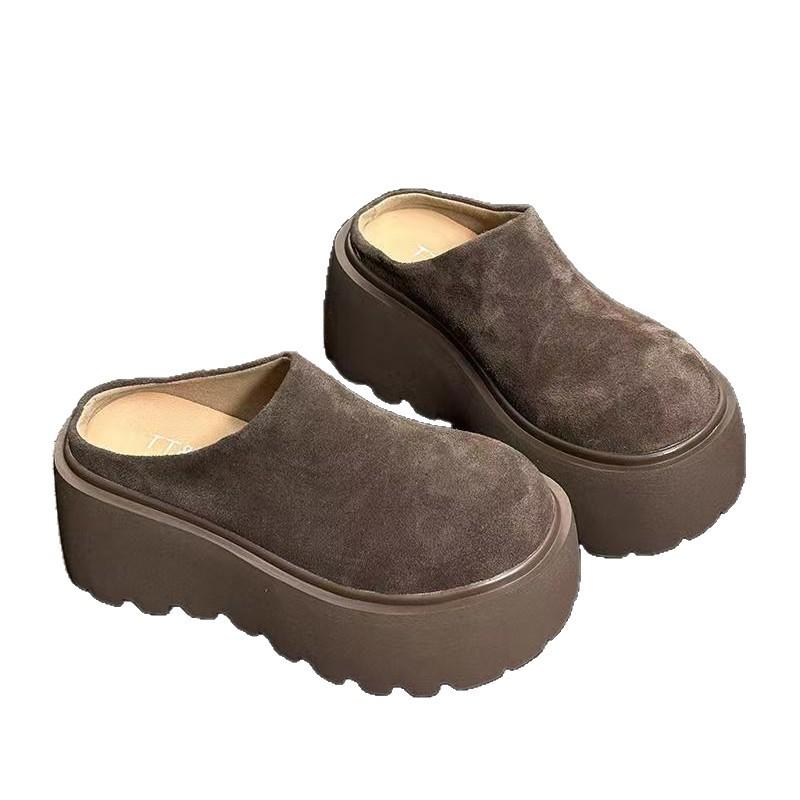 Frosted Muffin Thick-bottomed Bag Head Half Slippers Women Wear Retro Autumn and Winter Velvet Small Height-increasing Cotton Slippers