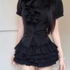Conjunto de Top com Mangas Bufantes e Saia Fofa Estilo Gótico da Corte Coreana