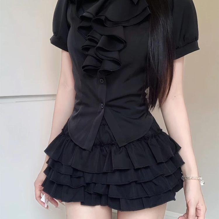 Conjunto de Top com Mangas Bufantes e Saia Fofa Estilo Gótico da Corte Coreana