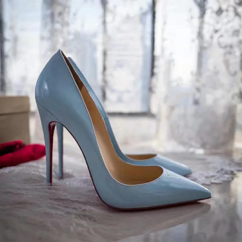 Fashion Multi colored d 12cm super high heels in pink and white patent leather, sexy and fashionable pointed thin single shoes