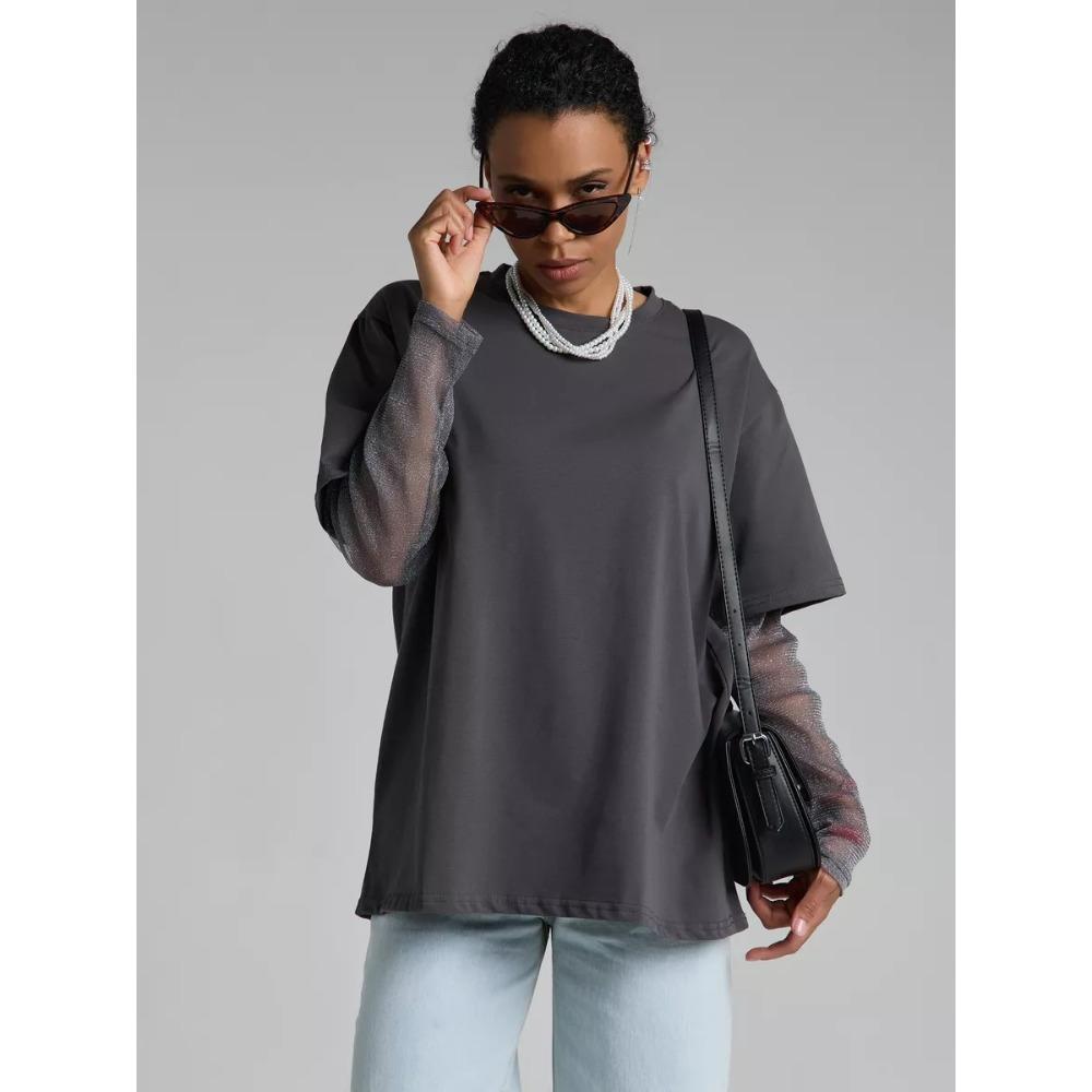 Hirsionsan Bavlněné tričko Dámské 2025 Léto Nadměrné Velikosti Patchwork z Jasného Hedvábí Dlouhý Rukáv Ležérní Volné Tričko Šik Dámské Topy