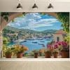 1 Mediterranean Terrace Background with Sea View  Boats  Flowers  and Village House Beach Theme Decoration