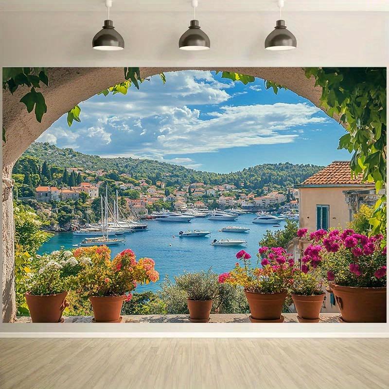 1 Mediterranean Terrace Background with Sea View Boats Flowers and Village House Beach Theme Decoration