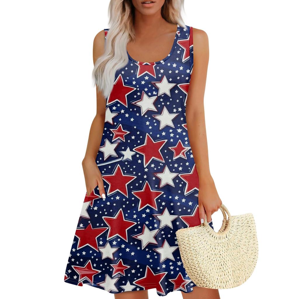 Women's Summer Casual Square Neck Independence Day Printed Dress Sleeveless Dress With Pockets
