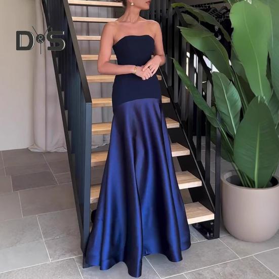 Women's Strapless Tube Top Maxi Dress Off Shoulder Patchwork Evening Dress Satin Bodycon Long Dress for Cocktail Party Wedding