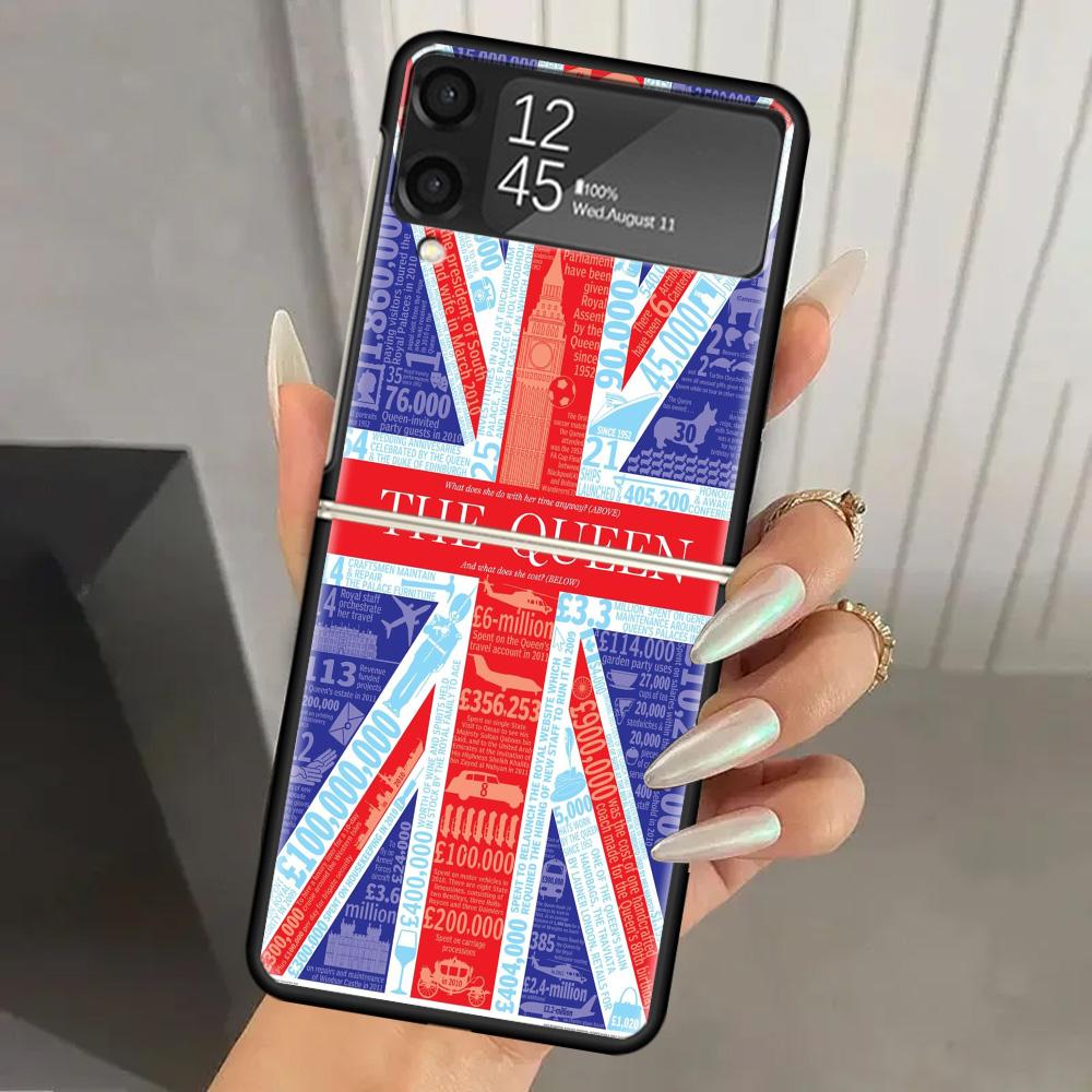 Union Jack England UK Flag Hard PC Phone Case For Samsung Galaxy Z Flip 7 6 5 4 3 Black ZFlip7 ZFlip6 Flip5 Flip4 Flip3 5G Print
