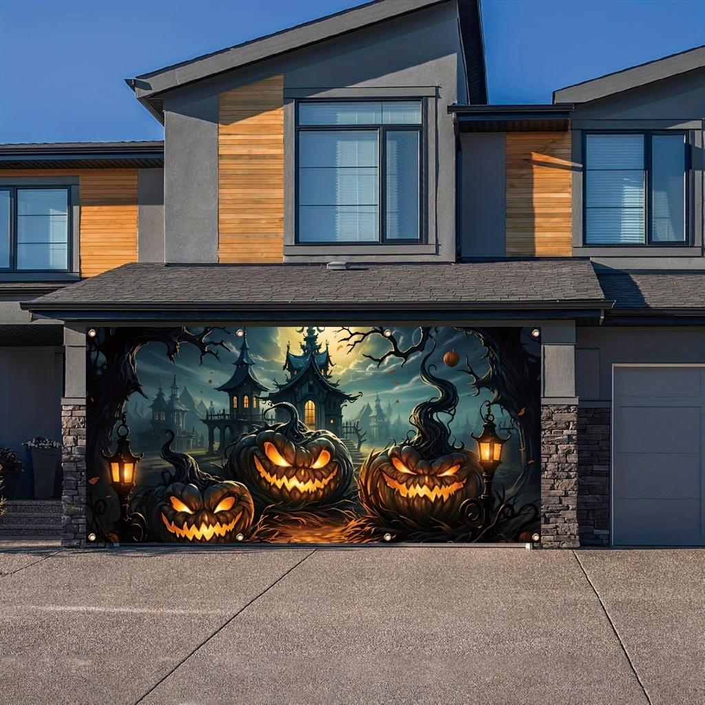 1 Piece Halloween Garage Banner Devil Pumpkin Lantern Backgroundoutdoor Garage Holiday Exterior Wall Decoration Shooting Prop