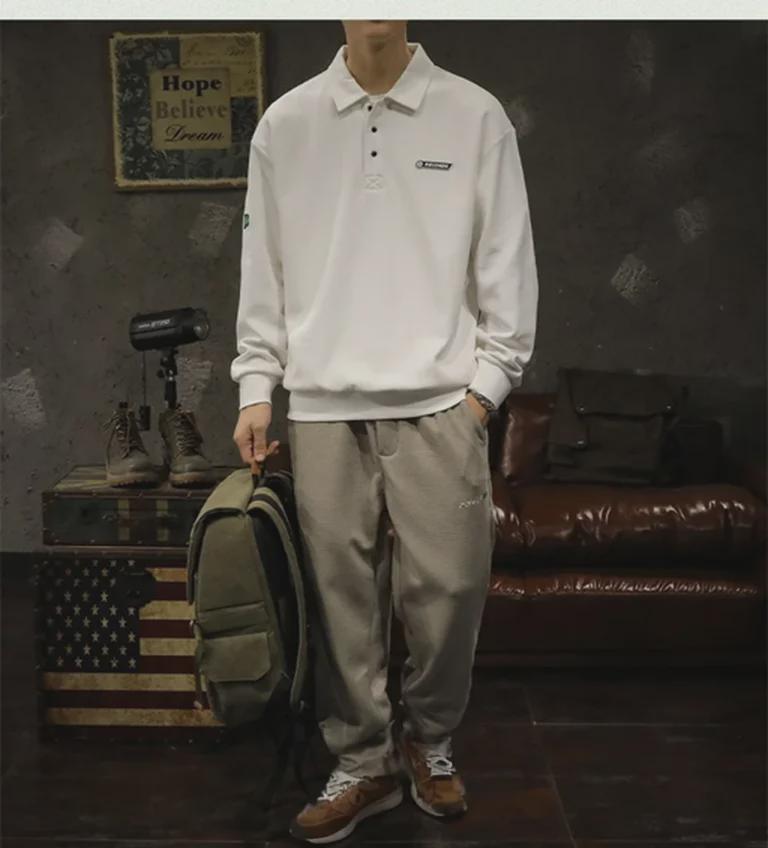 Men's White Chinese Cotton Polo Sweater: Long Sleeve, Velvet-Lined, Autumn/Winter.