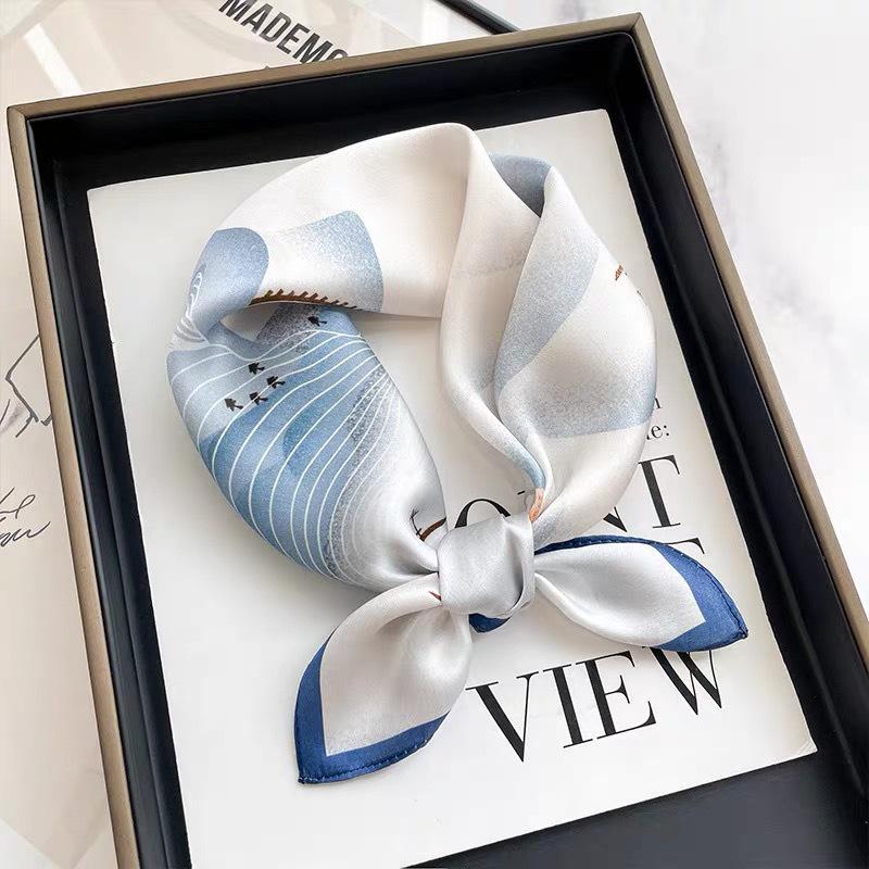 Dámský béžový hedvábný šátek - 53 cm Korejský styl Tištěný čtverec, 100% morušové hedvábí na jaro/léto